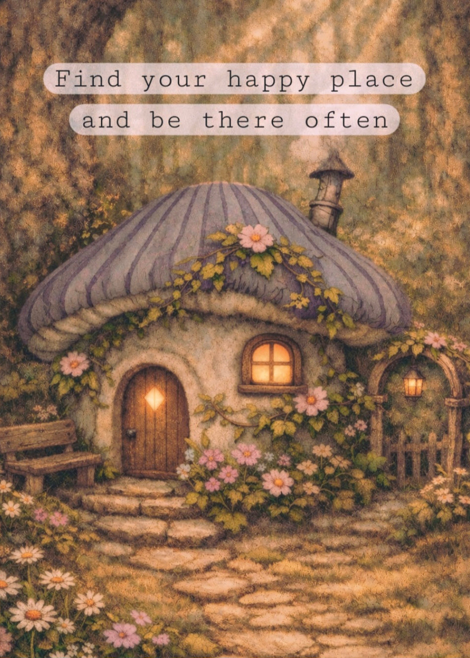 Mushroom Cottage - Find Your Happy Place Meme | Cottagecore Art Print