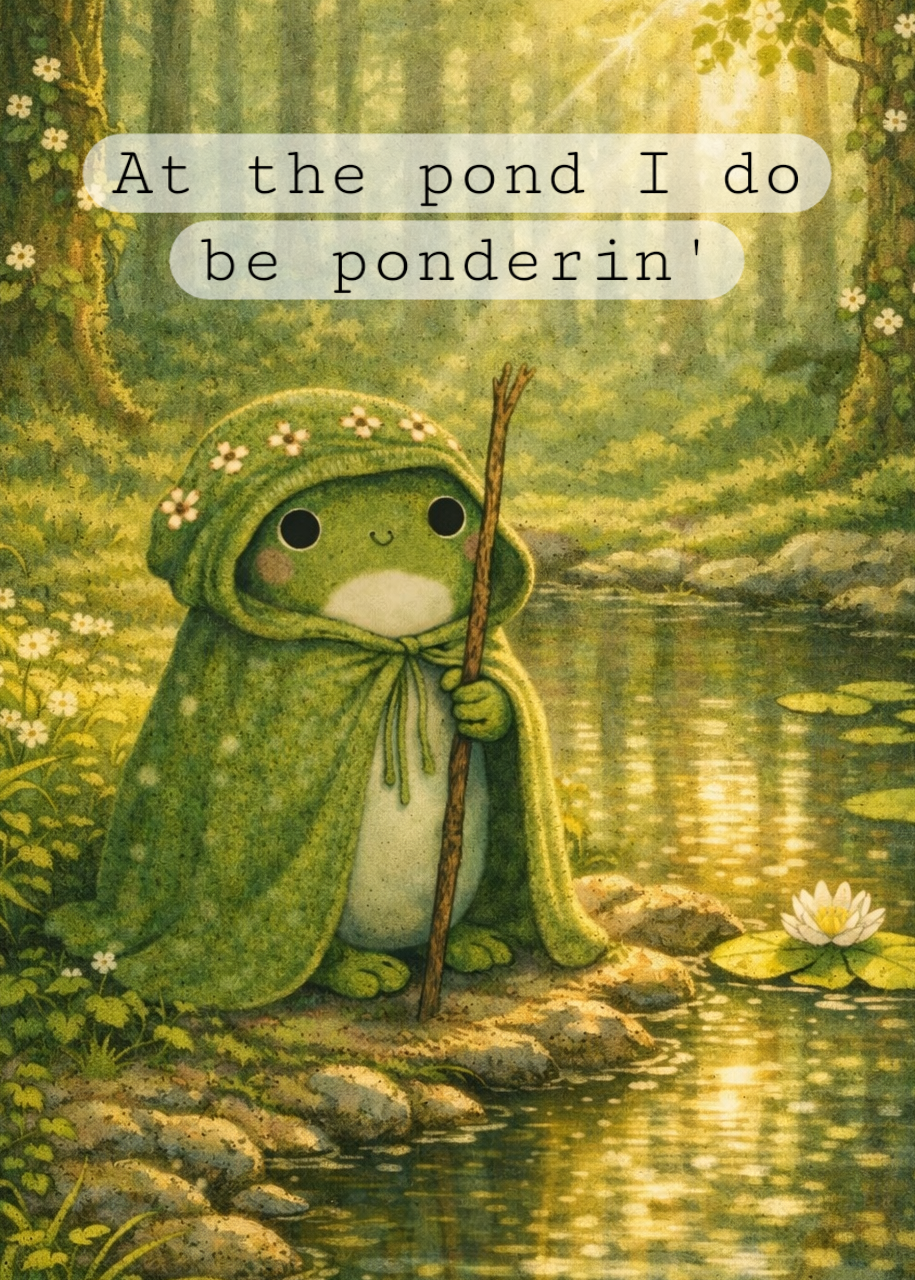 Forest Frog - Ponderin' at the Pond Meme | Cottagecore Art Print